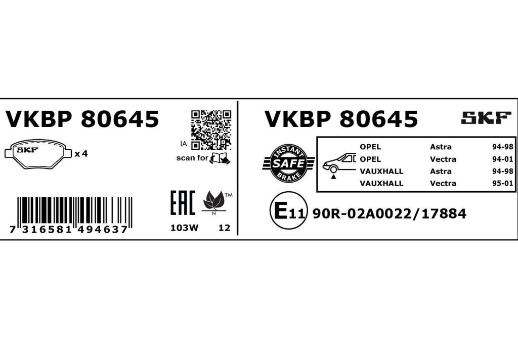 Jogo de 4 pastilhas de travão SKF ref. VKBP 80645